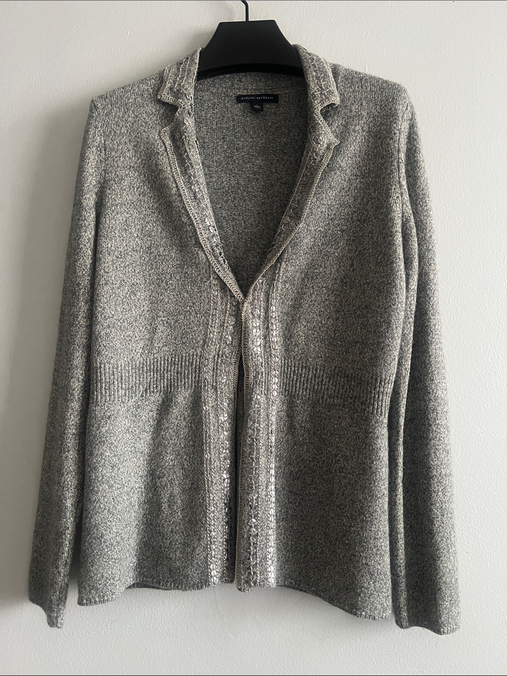 NWOT Banana Republic Grey Sequin Trim Open Front Lamb Wool blend Cardigan  Sweat